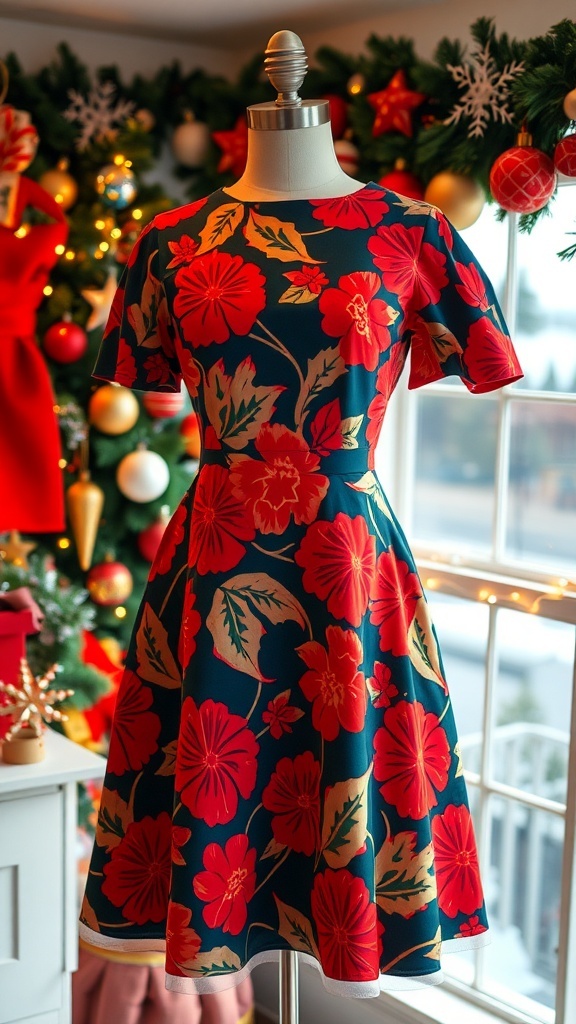 A vibrant 60s style Christmas party dress with floral print on a mannequin, surrounded by holiday decorations.